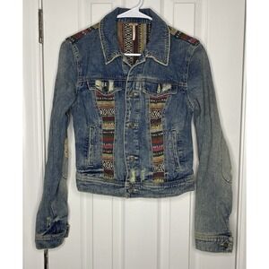 Free People Denim Jacket with Colorful Patterns